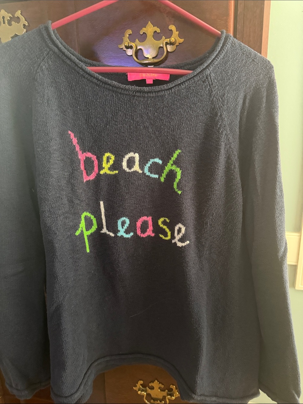 Lilly Pulitzer Navy Sweater with Multicolor 'beach please' Embroidery